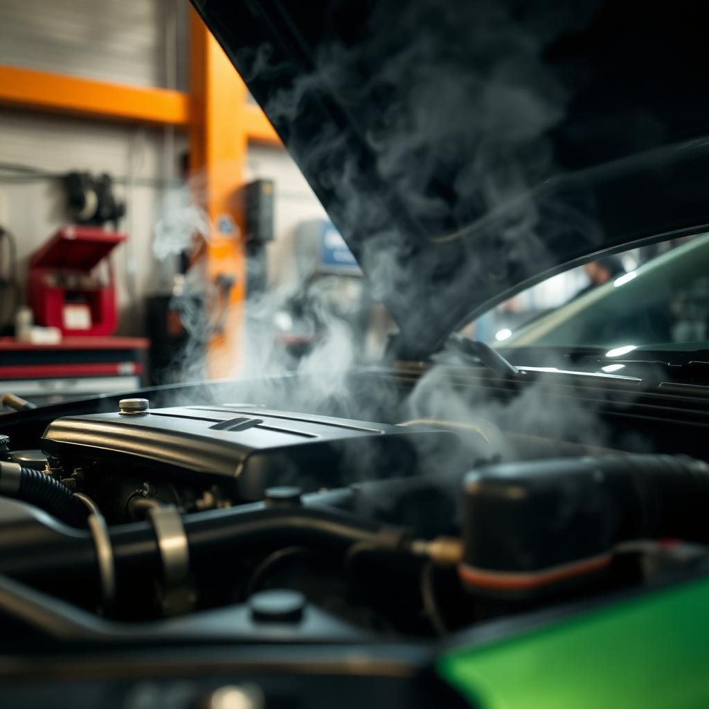 Motor de veículo superaquecendo com vapor saindo do capô aberto em oficina