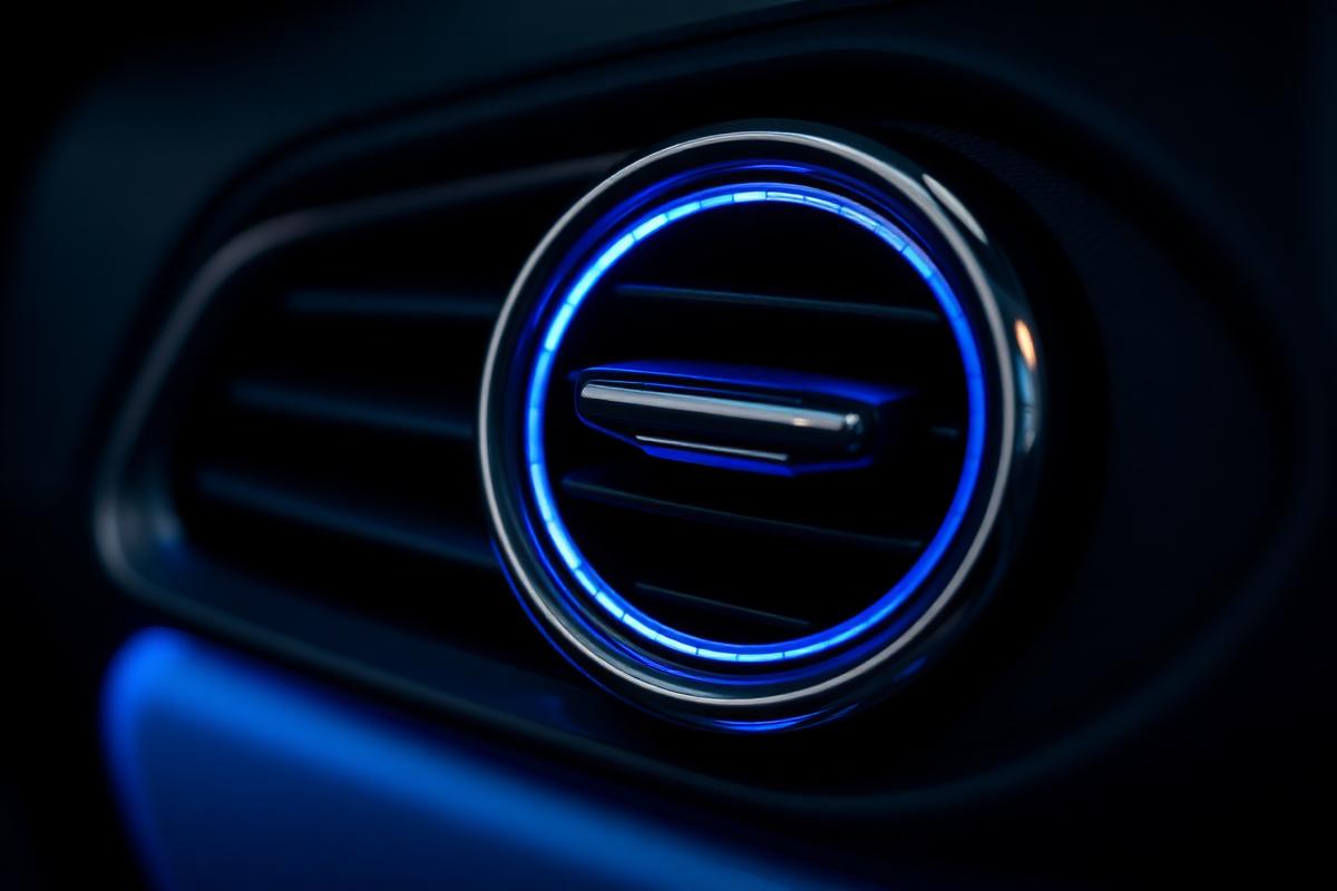 Difusor de ar-condicionado automotivo em painel escuro