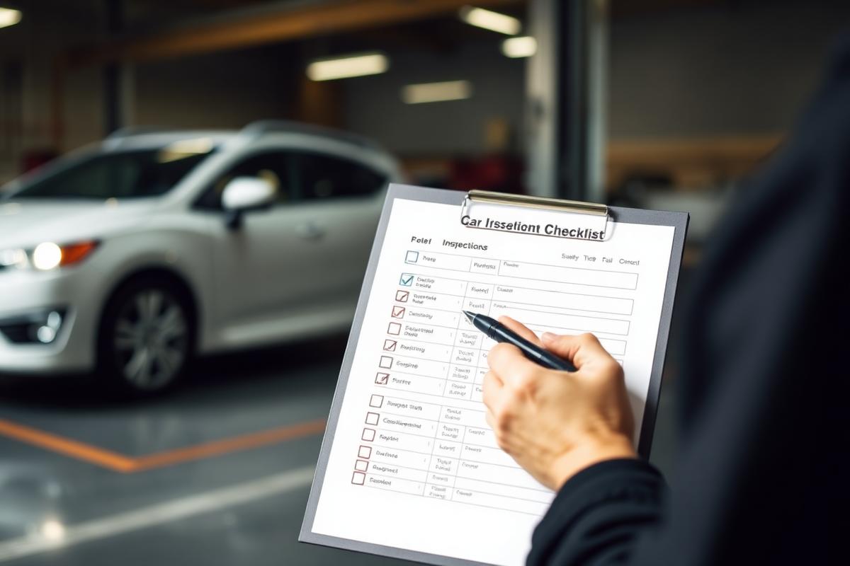 Mecânico realizando checklist de revisão automotiva ao lado de veículo elevado